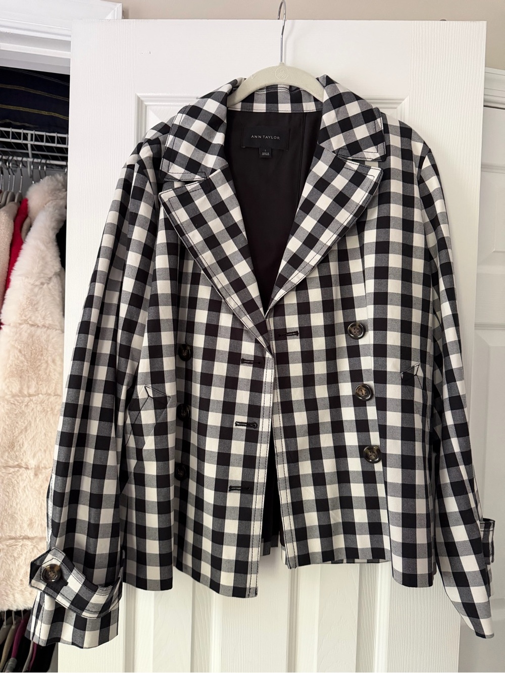 Ann Taylor Black & White Gingham Double-Breasted Peacoat